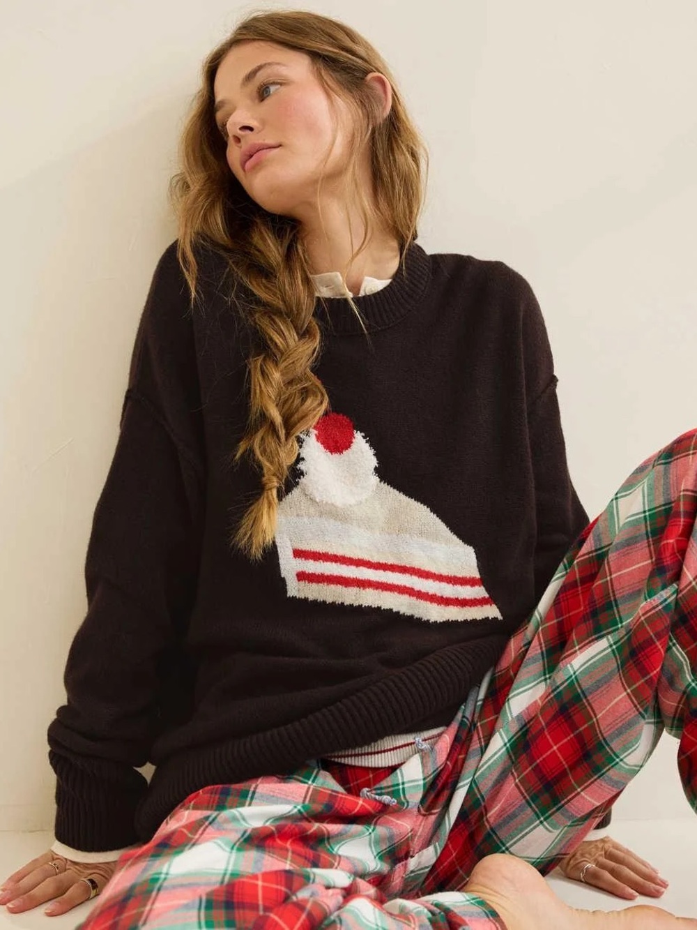 NWT Aerie Brown Cake Slice Graphic Oversized Crewneck Sweater Small Cherry